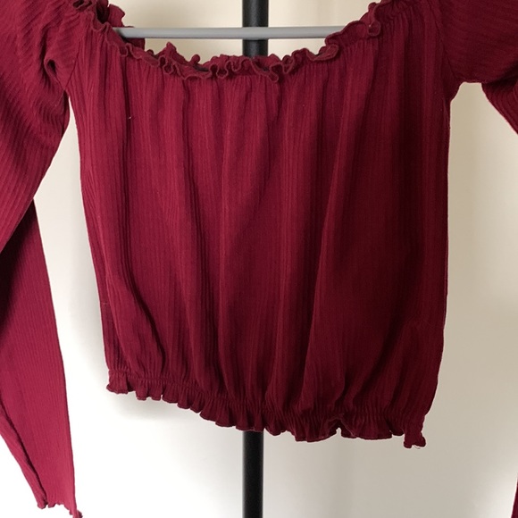 Burgundy Off The Shoulder Crop Top - Picture 2 of 4